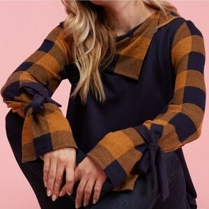 Navy Plaid Bow Sleeve Top